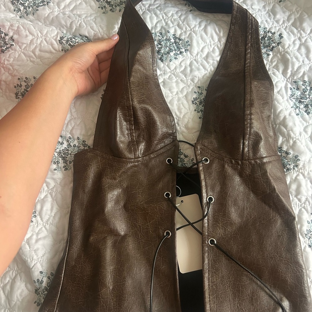 Muse Brown Faux Leather Vest with Lace-Up Detail
